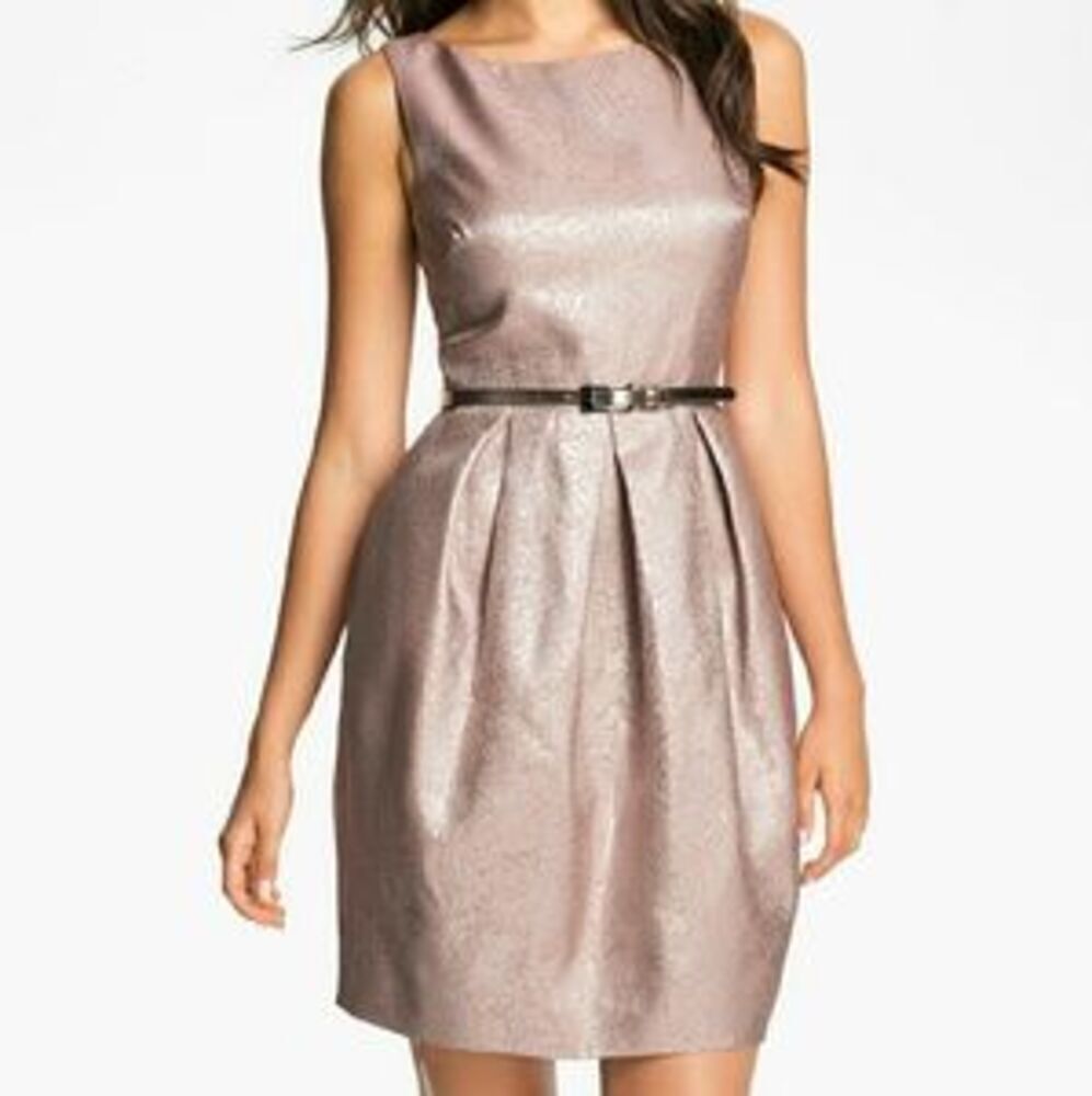Eliza J Belted Women’s Belted Boat Neck Fit Flare Dress Metallic Jacquard Pink